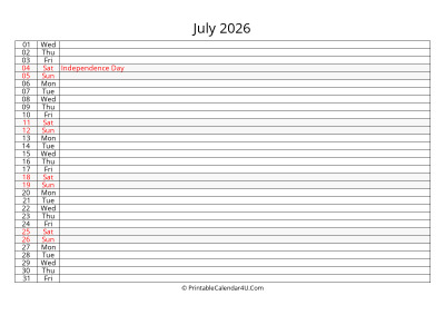 editable 2026 calendar for july, week starts on sunday