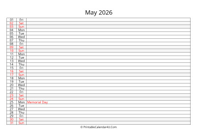 editable 2026 calendar for may, week starts on sunday