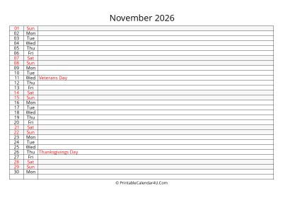 editable 2026 calendar for november, week starts on monday