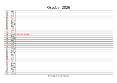 editable 2026 calendar for october, week starts on sunday