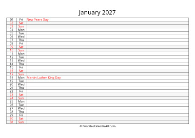 editable 2027 calendar for january, week starts on sunday
