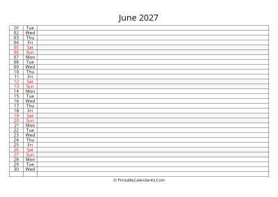 editable 2027 calendar for june, week starts on monday