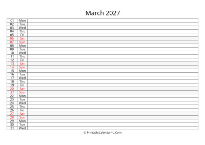 editable 2027 calendar for march, week starts on monday