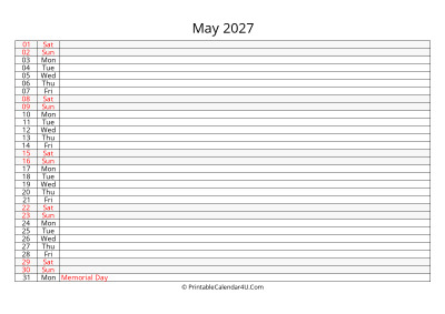 editable 2027 calendar for may, week starts on monday