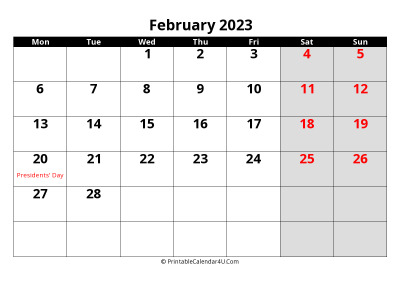 february 2023 calendar, highlighted weekend, week starts on monday