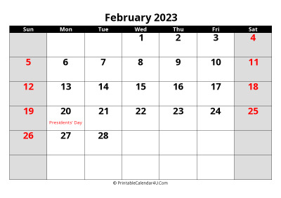 february 2023 calendar, highlighted weekend, week starts on sunday