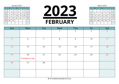february 2023 calendar with prev and next month, week starts on sunday