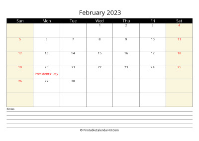 february 2023 monthly calendar with notes, week starts on sunday