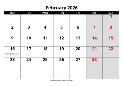 february 2026 calendar, highlighted weekend, week starts on monday