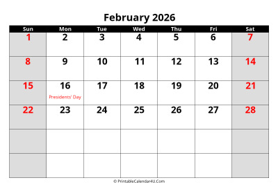 february 2026 calendar, highlighted weekend, week starts on sunday