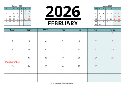 february 2026 calendar with prev and next month, week starts on monday