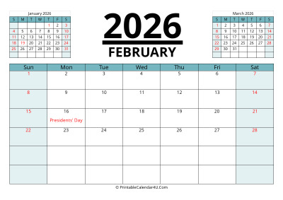 february 2026 calendar with prev and next month, week starts on sunday