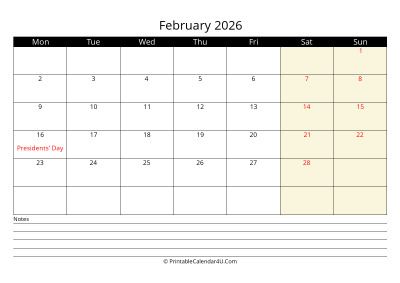 february 2026 monthly calendar with notes, week starts on monday