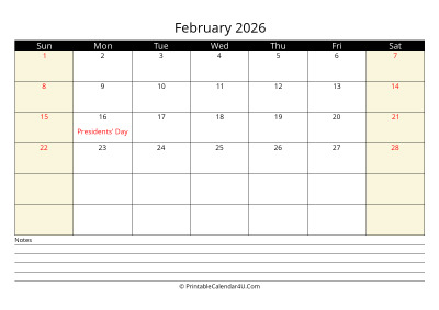 february 2026 monthly calendar with notes, week starts on sunday