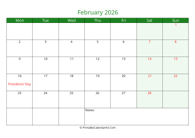 february 2026 printable calendar with holidays, week starts on monday