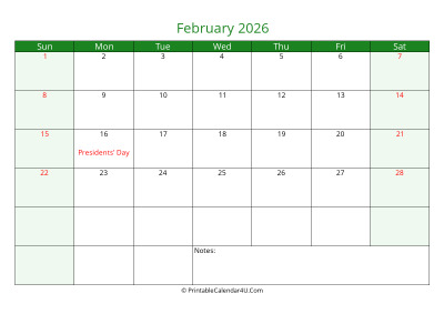 february 2026 printable calendar with holidays, week starts on sunday