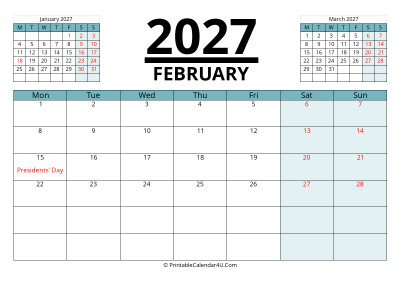 february 2027 calendar with prev and next month, week starts on monday