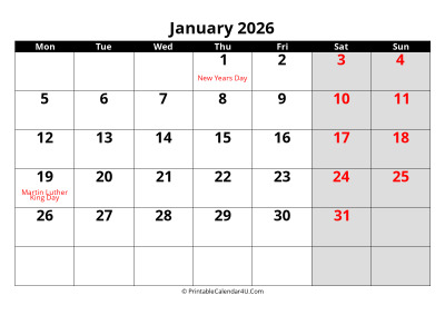 january 2026 calendar, highlighted weekend, week starts on monday