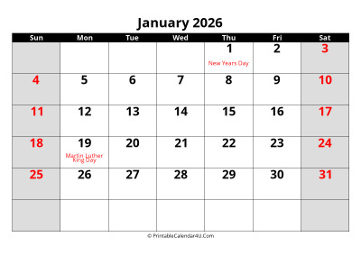 january 2026 calendar, highlighted weekend, week starts on sunday