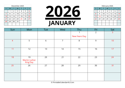 january 2026 calendar with prev and next month, week starts on sunday