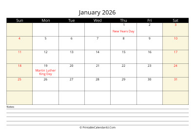 january 2026 monthly calendar with notes, week starts on sunday