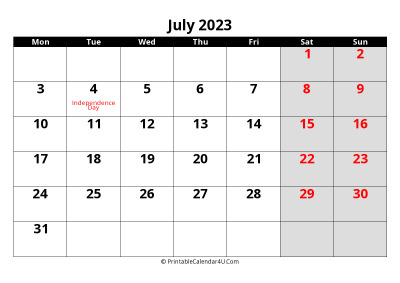 july 2023 calendar, highlighted weekend, week starts on monday