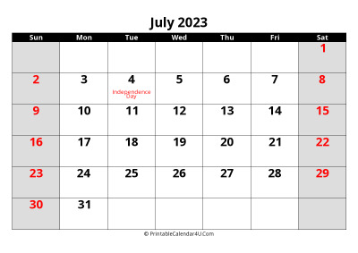 july 2023 calendar, highlighted weekend, week starts on sunday