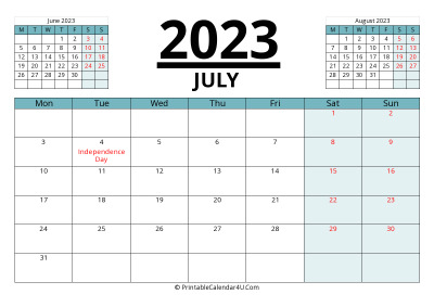 july 2023 calendar with prev and next month, week starts on monday