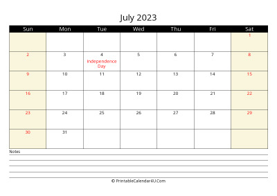 july 2023 monthly calendar with notes, week starts on sunday