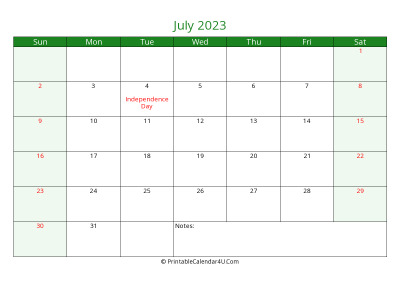 july 2023 printable calendar with holidays, week starts on sunday