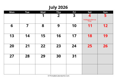 july 2026 calendar, highlighted weekend, week starts on monday