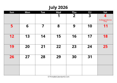 july 2026 calendar, highlighted weekend, week starts on sunday