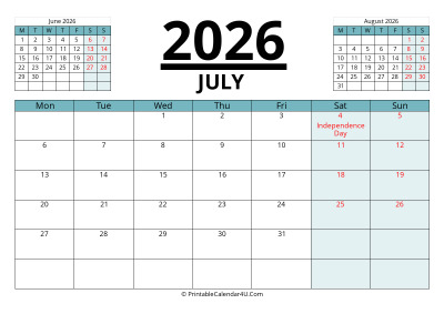 july 2026 calendar with prev and next month, week starts on monday
