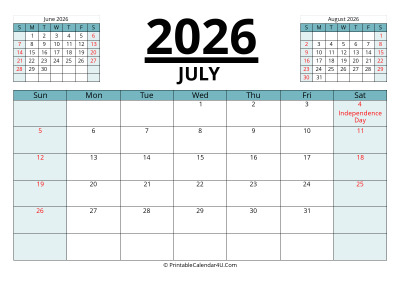 july 2026 calendar with prev and next month, week starts on sunday