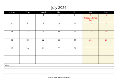 july 2026 monthly calendar with notes, week starts on monday