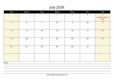 july 2026 monthly calendar with notes, week starts on sunday