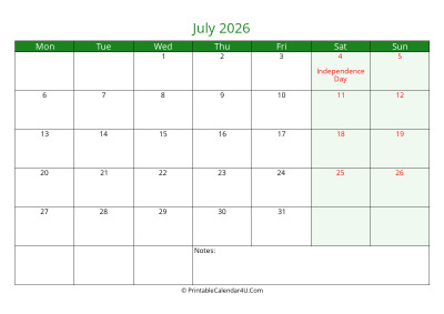 july 2026 printable calendar with holidays, week starts on monday