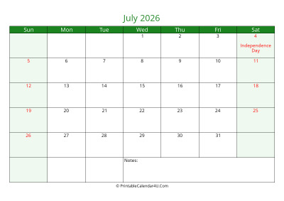july 2026 printable calendar with holidays, week starts on sunday