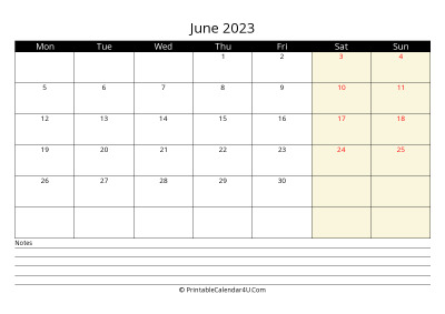june 2023 monthly calendar with notes, week starts on monday
