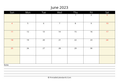 june 2023 monthly calendar with notes, week starts on sunday