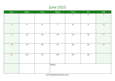june 2023 printable calendar with holidays, week starts on sunday