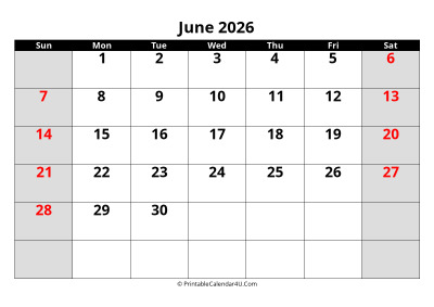 june 2026 calendar, highlighted weekend, week starts on sunday