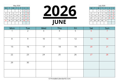 june 2026 calendar with prev and next month, week starts on monday