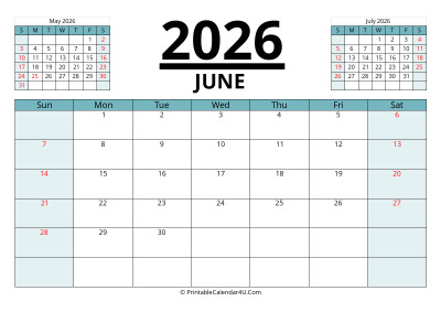 june 2026 calendar with prev and next month, week starts on sunday