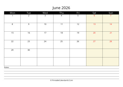 june 2026 monthly calendar with notes, week starts on monday