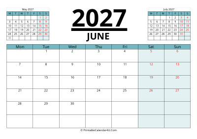 june 2027 calendar with prev and next month, week starts on monday