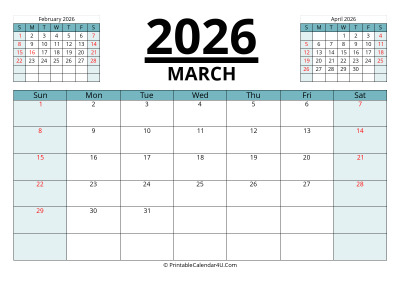 march 2026 calendar with prev and next month, week starts on sunday