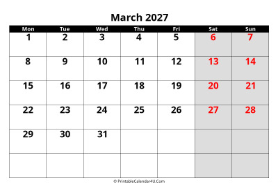 march 2027 calendar, highlighted weekend, week starts on monday