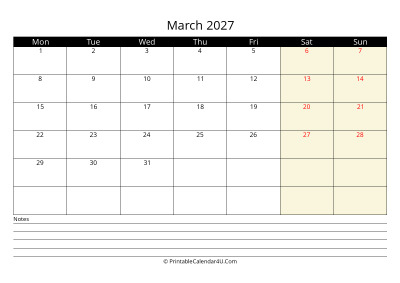 march 2027 monthly calendar with notes, week starts on monday