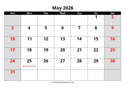 may 2026 calendar, highlighted weekend, week starts on sunday